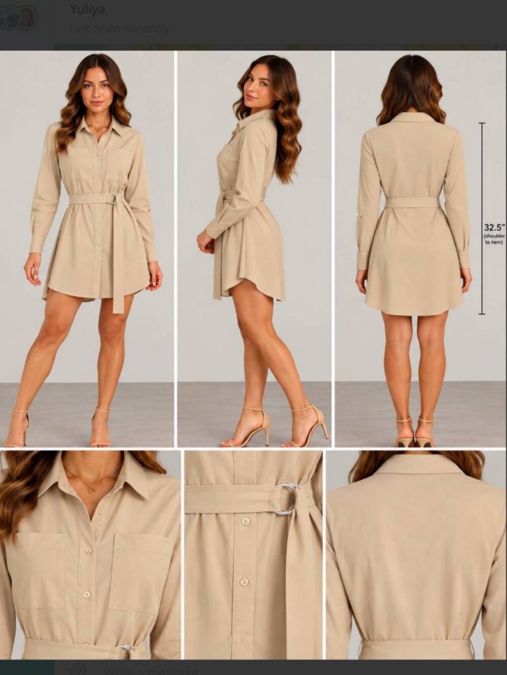 Woman Timing Beige Belted Shirt Mini Dress Stretchy